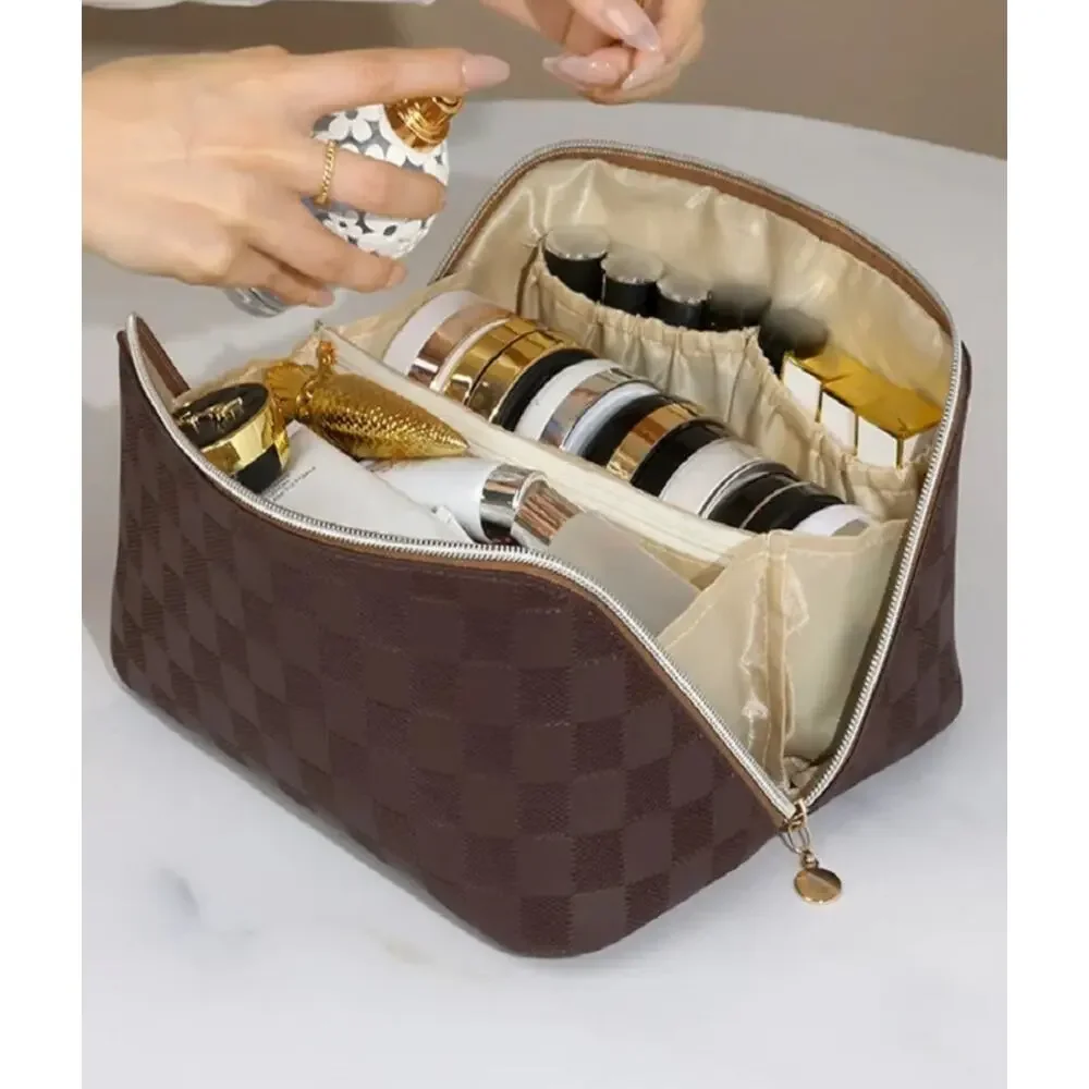 Brown Checker Quilted Cosmetic Bag with Top Handle